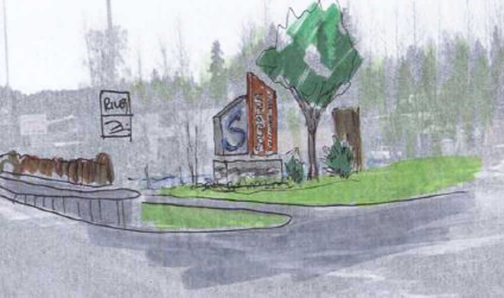This sketched design from the City of Soldotna shows what three highway gateway signs will look like when they are constructed in summer 2016. The bid for the project will go out this week or early next week.