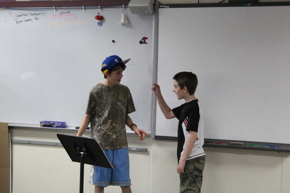Soldotna Elementary sixth-graders Trent Boots and Nate Johnson perform Abbott and Costello's classic sketch "Who's On First" during the second session of the Kenai Peninsula Borough School District Forensics Competition on Saturday, Feb. 27. Trent and Nate took fourth place in the sixth grade interpretive reading category.