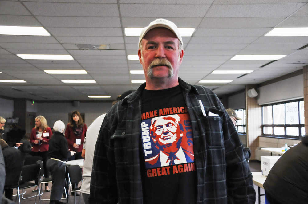 Photo by Elizabeth Earl/Peninsula Clarion Dan Ames shows off his support for Donald Trump as he prepares to vote at the Republican Presidential Preference Poll at the Soldotna Sports Complex on Tuesday, March 1, 2016.