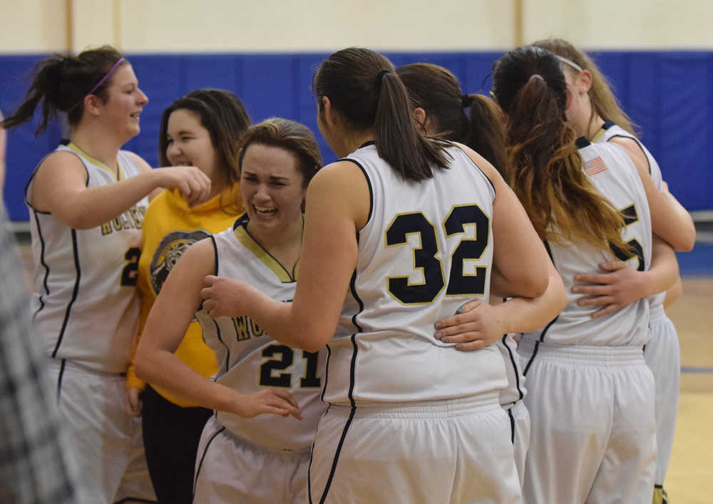 Photo by Joey Klecka/Peninsula Clarion Ninilchik senior Krista Sinclair (21) lets loose her emotions after helping the Ninilchik Wolverines claim the Peninsula Conference girls championship Friday night at Homer High School.