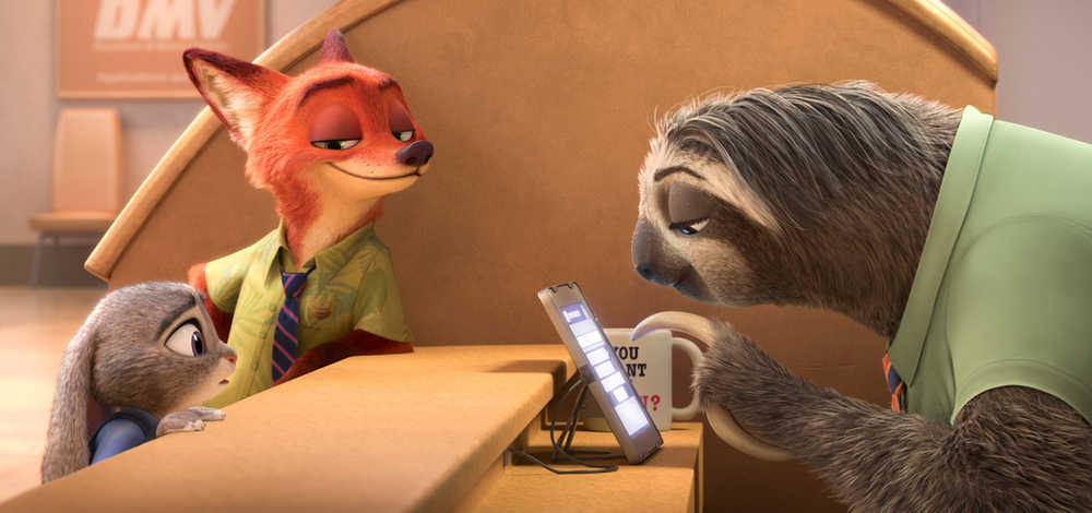 This image released by Disney shows Judy Hopps, voiced by Ginnifer Goodwin, left, Nick Wilde, voiced by Jason Bateman,  second left, in a scene from the animated film, "Zootopia." (Disney via AP)