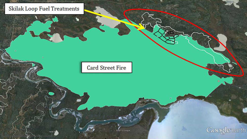 The 2015 Card Street Fire was controlled on portions of the north and east flanks because of a change in forest characteristics created by two different fuel treatments conducted in 1984 (white lines) and 2009 (black lines).  (Graphic by Kristi Bulock)