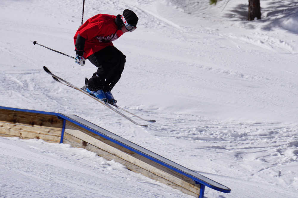 In this Feb. 21, 2016, photo, a skier jumps through a Bogus Basin terrain park in Boise, Idaho. (Chadd Cripe/Idaho Statesman via AP)  LOCAL TELEVISION OUT (KTVB 7); MANDATORY CREDIT