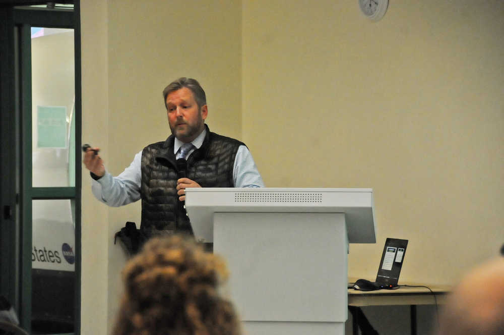 Photo by Elizabeth Earl/Peninsula Clarion Eric Derleth, a Soldotna lawyer and partner in Red Run Cannabis Company, emphasized Thursday night that the cannabis industry has to be incredibly responsible because there will be scrutiny.