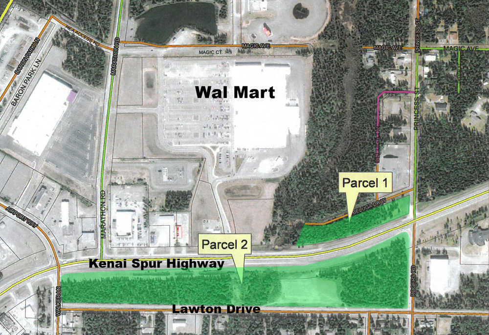 This satellite map provided by the City of Kenai and modified by the Peninsula Clarion highlights in green the two property parcels that Kenai administrators plan to rezone as commercial. The Kenai Planning and Zoning Commission unanimously voted against the rezone on Wednesday. In the future, the city council will hold a final vote on the rezone.