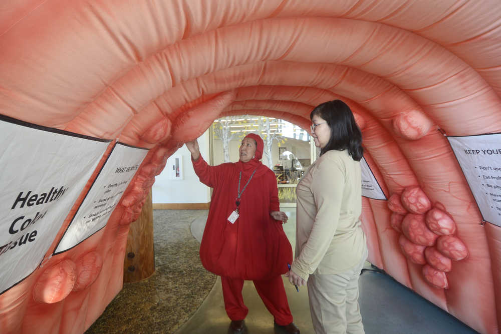 Dressed as a polyp, or an abnormal tissue growth, Wellness Assistant Bessie Phillip explains the ins and outs of colon cancer to Alvena Pete during a heath fair Wednesday, March 16, 2016 at the Dena'ina Wellness Center in Kenai, Alaska. The center hosted the fair for the second year in conjunction with Colorectal Cancer Awareness Month.