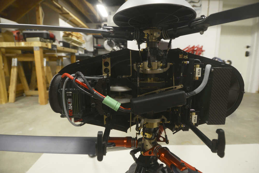 The inside of an unmanned aerial vehicle owned by John Parker of Integrated Robotics Imaging Systems can hold a battery that allows the UAV to be flown. Radars and other sensors can also be mounted to the UAV to gather data while its being flown, Parker explained On Thursday, Feb. 25, 2016 at the business on Main Street Loop in Kenai, Alaska.