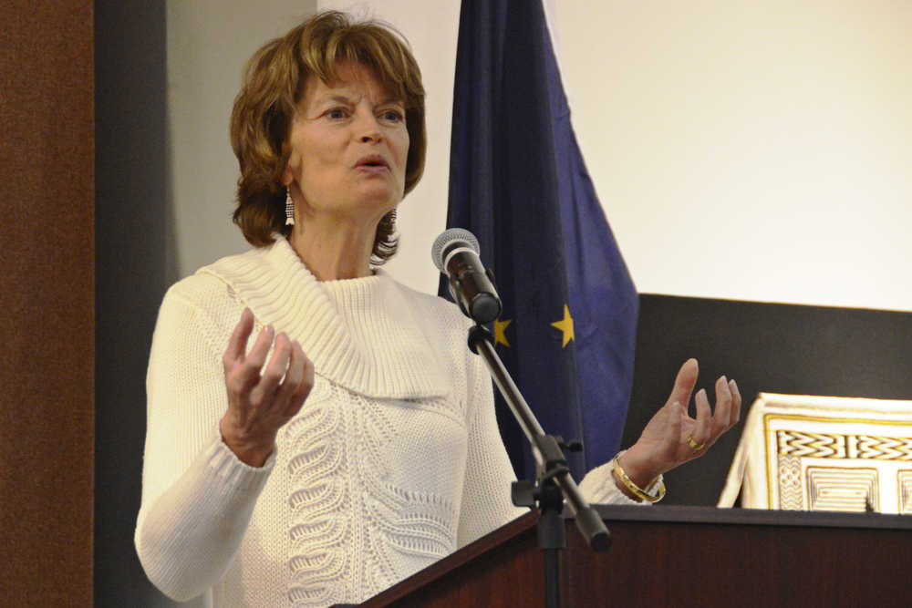 U.S Senator Lisa Murkowski speaks to an audience at the Kenai and Soldotna Joint Chamber of Commerce Luncheon on Wednesday, March 30 at the Kenai Visitors Center.