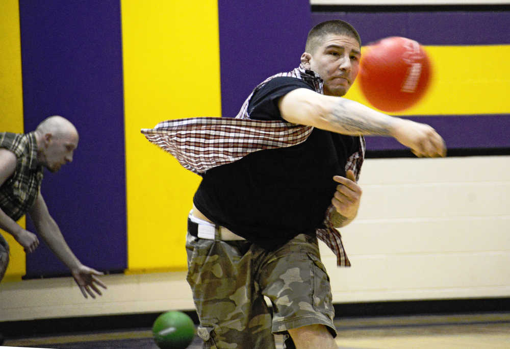 Members of the Abusement Park dodgeball team play in the Kenai Young Life Dodgeball tournament on Saturday, March 26 in the Kenai Middle School gymnasium.