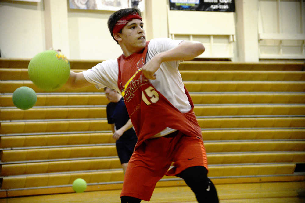 Zach Tuttle takes aim during the Kenai Chamber of Commerce Young Professionals dodgeball tournament on Saturday, March 26 at the Kenai Central High School auditoreum.