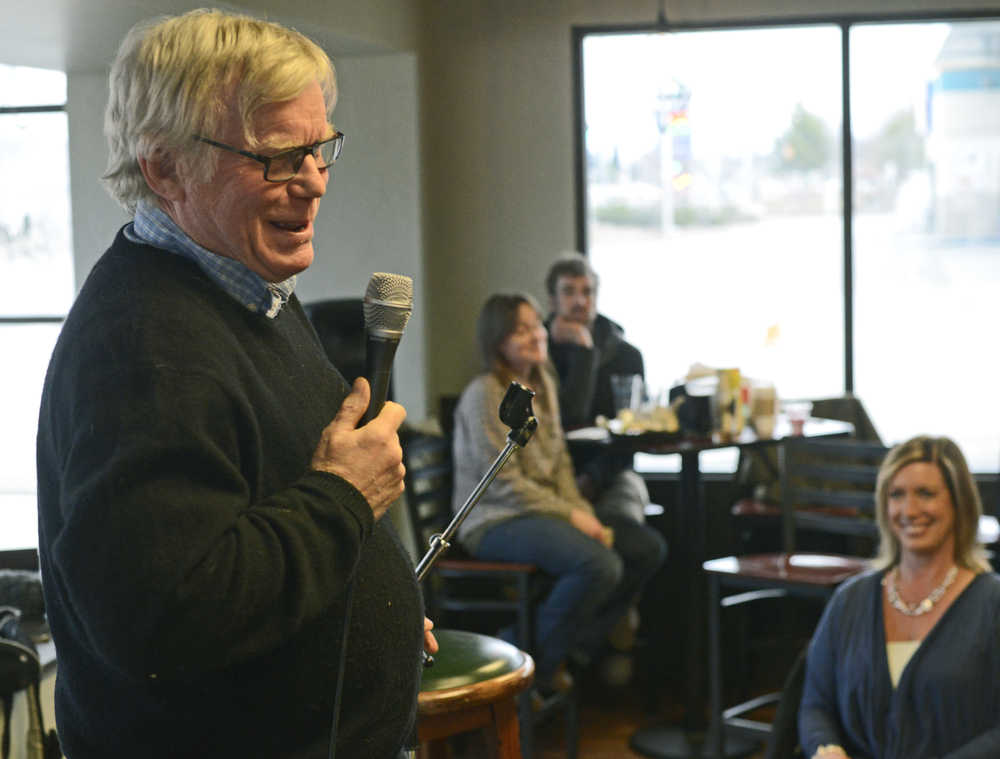 Kenai Peninsula College anthropology professor Alan Boraas tells a story at a storytelling evening on Friday April 1 at Odie's Deli in Soldotna.