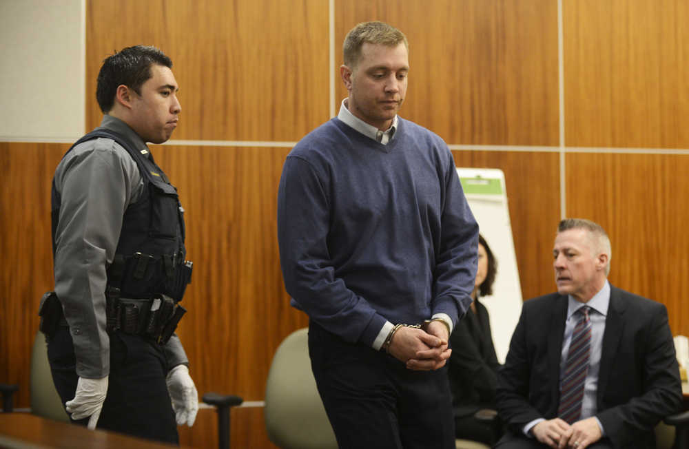 Photo by Megan Pacer/Peninsula Clarion Paul Vermillion, 32, is led out of the courtroom to be remanded to jail during a hearing on Thursday, April 7, 2016 at the Kenai Courthouse in Kenai, Alaska. During a hearing on Monday, April 4, Vermillion pleaded guilty to one count of manslaughter for the 2013 death of Genghis Muskox in Cooper Landing.