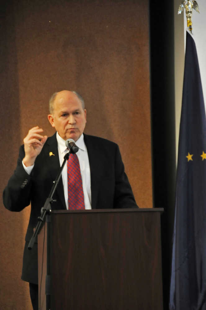 Photo by Elizabeth Earl/Peninsula Clarion Gov. Bill Walker visited Kenai Thursday to update the public on the state's fiscal situation and answer questions about the particulars of his administration's goals to address the budget deficit. He spoke to the joint Kenai and Soldotna chambers of commerce and then to the general public at the Kenai Visitors and Cultural Center in Kenai.