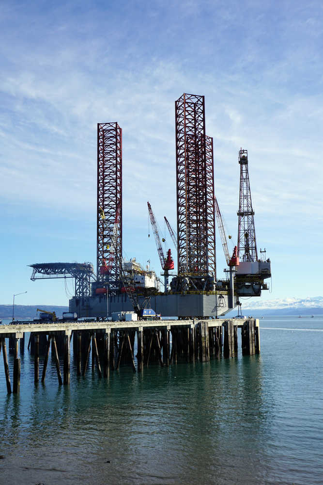 The Furie Alaska jack-up rig Randolph Yost is at the Deep Water Dock in Homer last Friday as fishing boats conduct spill-response exercises in Kachemak Bay. According to Homer City Manager Katie Koester's report to the Homer City Council at its Monday meeting, the rig will leave the Deep Water Dock no later than May 15 to make room for the first cruise ship of the season on May 18.