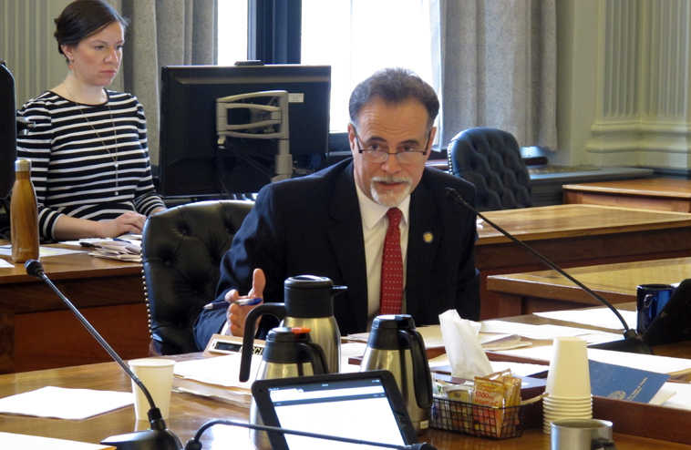 Alaska state Sen. Peter Micciche, R-Soldotna, speaks during a Senate Finance Committee hearing on Saturday, April 16, 2016, in Juneau, Alaska. (AP Photo/Becky Bohrer)