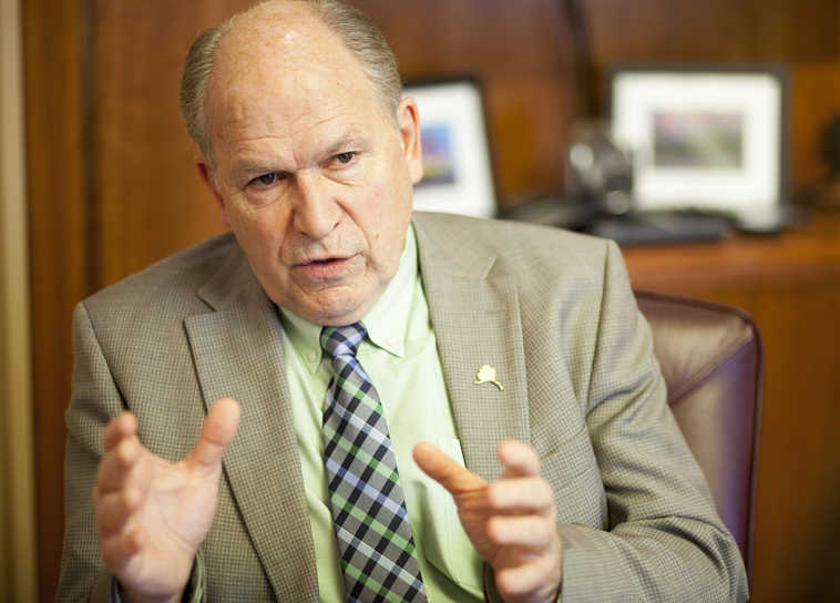 Alaska Gov. Bill Walker talks Monday, April 18, 2016, about the end-of-session issues left for the state's legislature to cover in Juneau, Alaska. (AP Photo/Rashah McChesney)