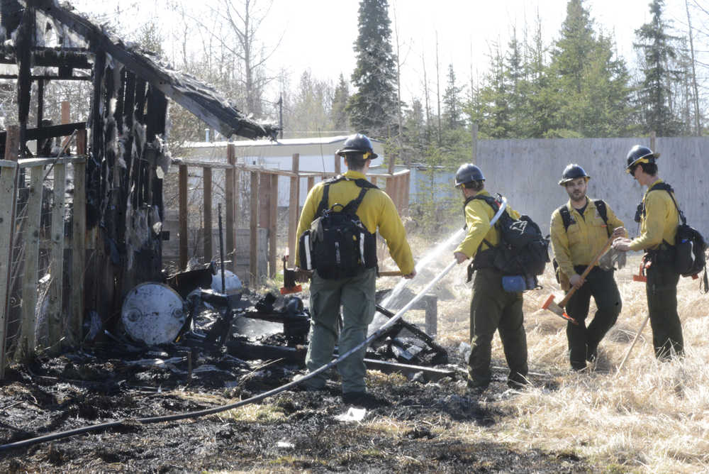 Members of the Alaska Division of Forestry finish putting out a fire that consumed two sheds and a chicken coop Thursday, April 21, 2016 on North Dogwood Road in Kenai. The fire, which took about a half hour to extinguish, also burnt the outside of a home, but harmed no one.