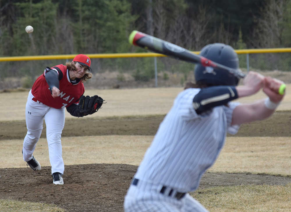 Photo by Joey Klecka/Peninsula Clarion Kenai Central pitcher Gavin Petterson delivers a pitch to Soldotna batter Matthew Daugherty Tuesday at the Soldotna ball fields.