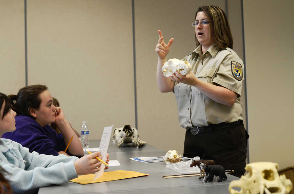 Kenai National Wildlife Refuge Park Ranger Leah Eskelin explains the features of an animal skull to a group of Girl Scouts during the Women of Science event on Saturday, April 30 at Kenai Peninsula College.
