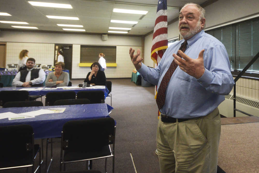 Photo by Megan Pacer/Peninsula Clarion Kenai City Manager Rick Koch speaks about the benefits of belonging to a home-rule community to residents gathered at a Soldotna Chamber of Commerce Luncheon on Tuesday, May 3, 2016 at the Soldotna Regional Sports Complex in Soldotna, Alaska.