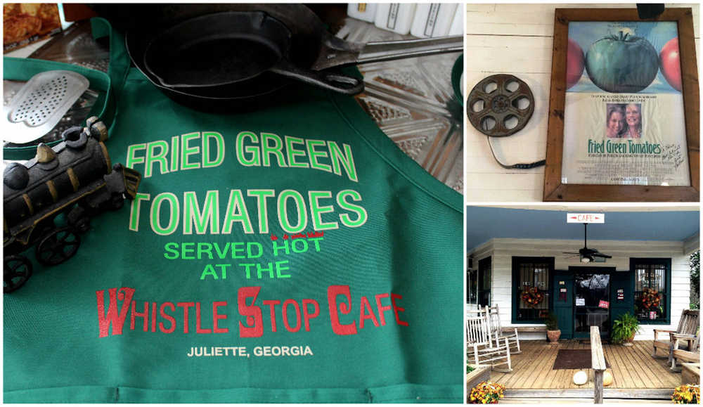 An apron, good for wearing when making homemade fried green tomatoes, was found at the Whistle Stop Café (bottom, right) in Juliette, Ga. Juliette, the location for "Fried Green Tomatoes,"  was refurbished for the movie in 1991 to create the fictional town of Whistle Stop. The movie starred Kathy Bates and Jessica Tandy (pictured, upper right on movie poster), Mary Stuart Masterson and Mary-Louise Parker. Find the café at http://www.thewhistlestopcafe.com. Photo credits, right, Jim Conforti.