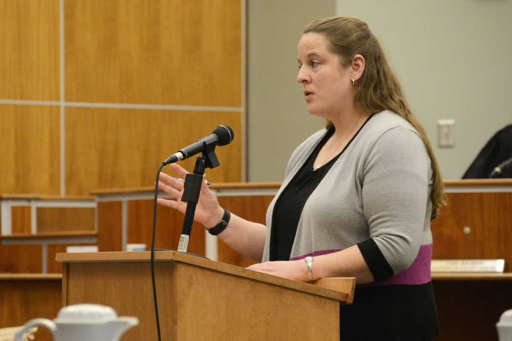 Photo by Megan Pacer/Peninsula Clarion Asistant District Attorney Kelly Lawson makes her closing argument to the jury Tuesday, May 24, 2016 at the Kenai Courthouse in Kenai, Alaska. Lawson and the defense attorney for Laurel Lee both rested their cases on the sixth day of trial in a case more than a year and a half old, in which Lee is accused of sexually assaulting a 14-year-old boy in 2014.