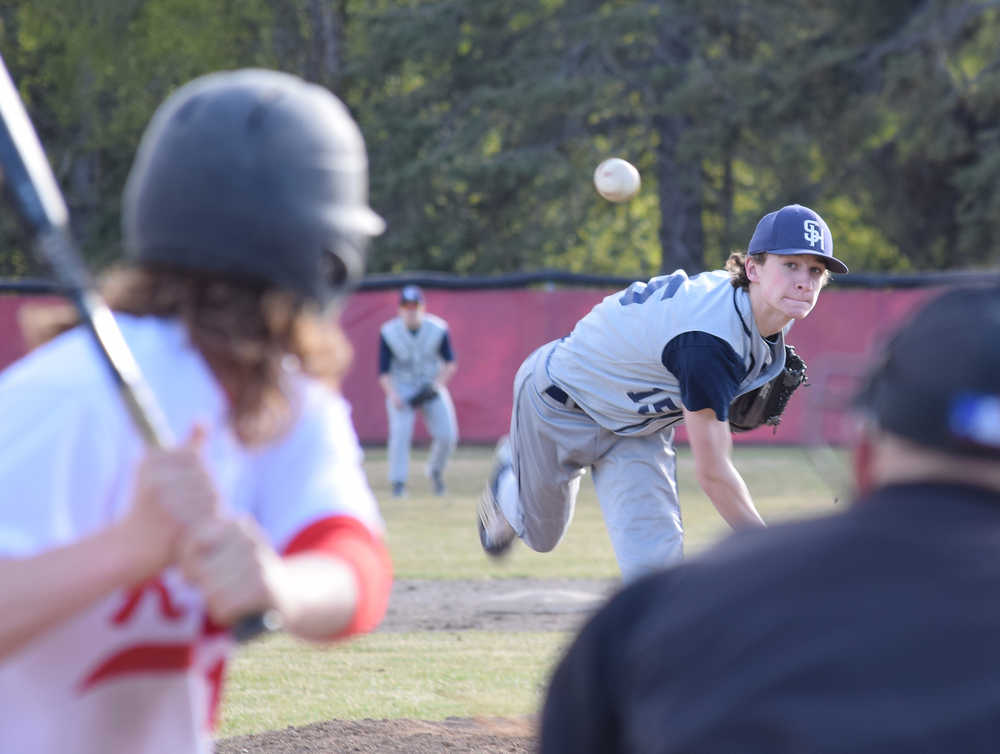 Photo by Joey Klecka/Peninsula Clarion Soldotna pitcher Matthew Daugherty delivers a strike to a Kenai Central batter Wednesday at the Kenai Little League Fields.