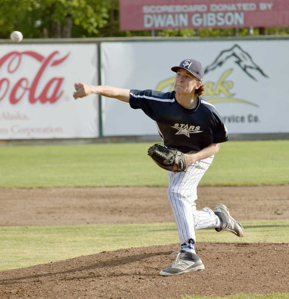 Photo by Jeff Helminiak/Peninsula Clarion Soldotna pitcher Mathew Daugherty fires toward home Friday at Coral Seymour Memorial Park in a 5-0 loss to Wasilla in the Southcentral Conference championship game.