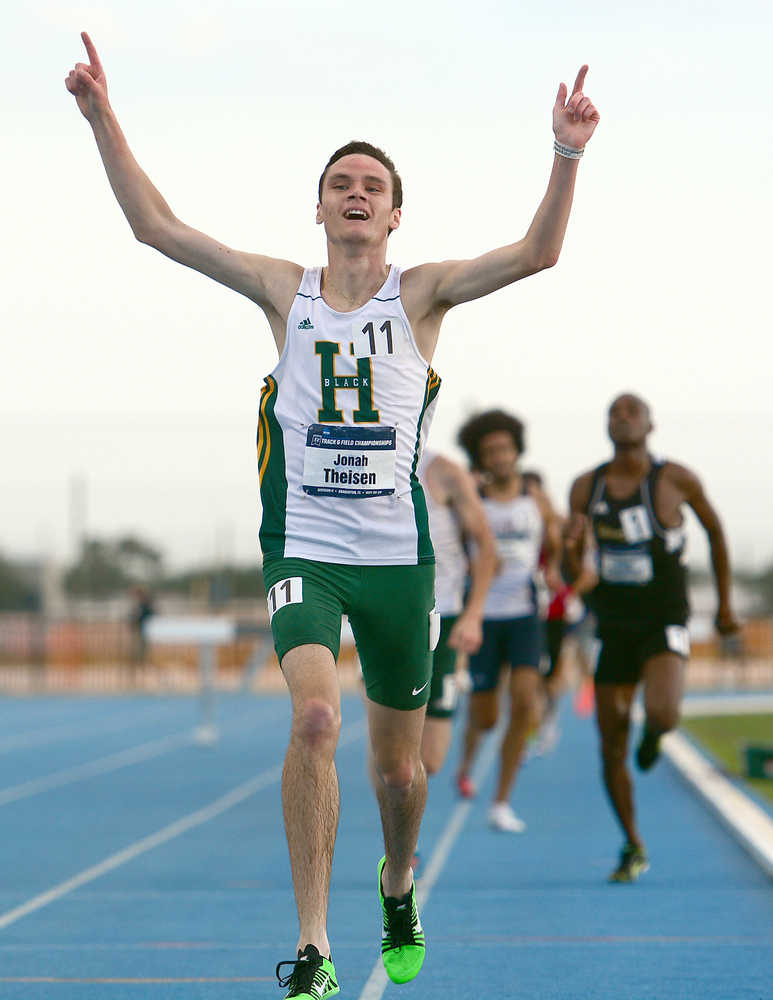 Photo provided by Black Hills State University Black Hills State University freshman and 2015 Kenai Central graduate Jonah Theisen celebrates winning the 3,000-meter steeplechase at the NCAA Division II Track and Field Championships on Friday in Bradenton, Florida.
