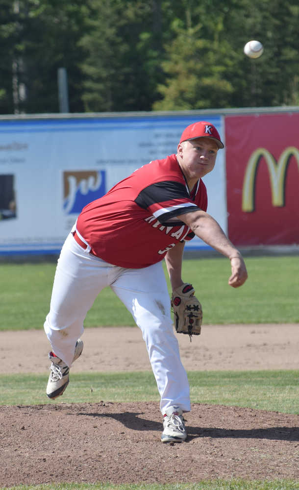 Photo by Jeff Helminiak/Peninsula Clarion Connor Jones pitches to Soldotna on Saturday in the second-place game of the Southcentral Conference tournament at Coral Seymour Memorial Park in Kenai.