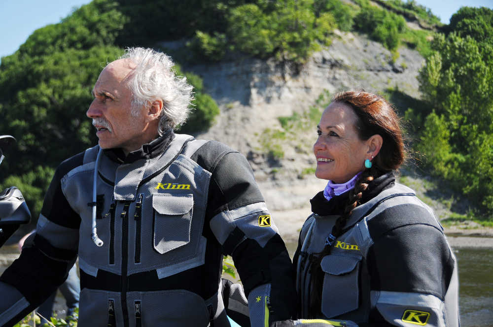 Photo by Elizabeth Earl/Peninsula Clarion Randy and Lana McKinney, a Kenai Peninsula couple, photographed in Ninilchik on Saturday, May 28, 2016, plan to travel through 86 countries on their motorcycles, treating children with dysentery as they go.