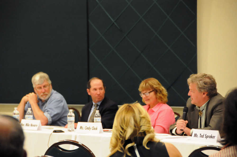 Photo by Elizabeth Earl/Peninsula Clarion Ricky Gease (right), the executive director of the Kenai River Sportfishing Association, expressed concerns about federal land management policies on the Kenai Peninsula during a field hearing with Sen. Lisa Murkowski (R-Alaska) at the Challenger Learning Center of Alaska in Kenai, Alaska on Tuesday, May 31, 2016.