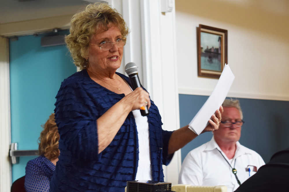 Photo by Megan Pacer/Peninsula Clarion Karen McGahan, a member of the Nikiski Citizens Incorporation Study, addresses a crowd during a town hall meeting to discuss plans to incorporate Nikiski on Tuesday, May 31, 2016 at the North Peninsula Recreation Center in Nikiski, Alaska. The study group has been researching the possibility of incorporation for about two years.