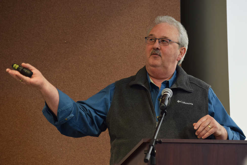 Photo by Megan Pacer/Peninsula Clarion Kenai Peninsula Borough Office of Emergency Management Director Scott Walden presents advice for businesses to remain safe and during and recover after natural disasters and emergencies during a Kenai Chamber of Commerce and Visitor Center business luncheon Wednesday, June 1, 2016 at the Kenai Chamber of Commerce and Visitor Center in Kenai, Alaska.