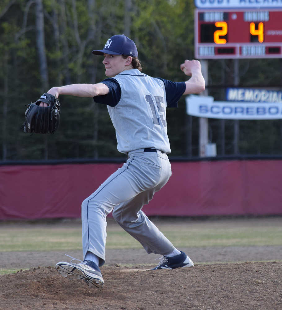 Photo by Joey Klecka/Peninsula Clarion Soldotna pitcher Matthew Daugherty winds up for the pitch Wednesday against Kenai Central at the Kenai Little League Fields.