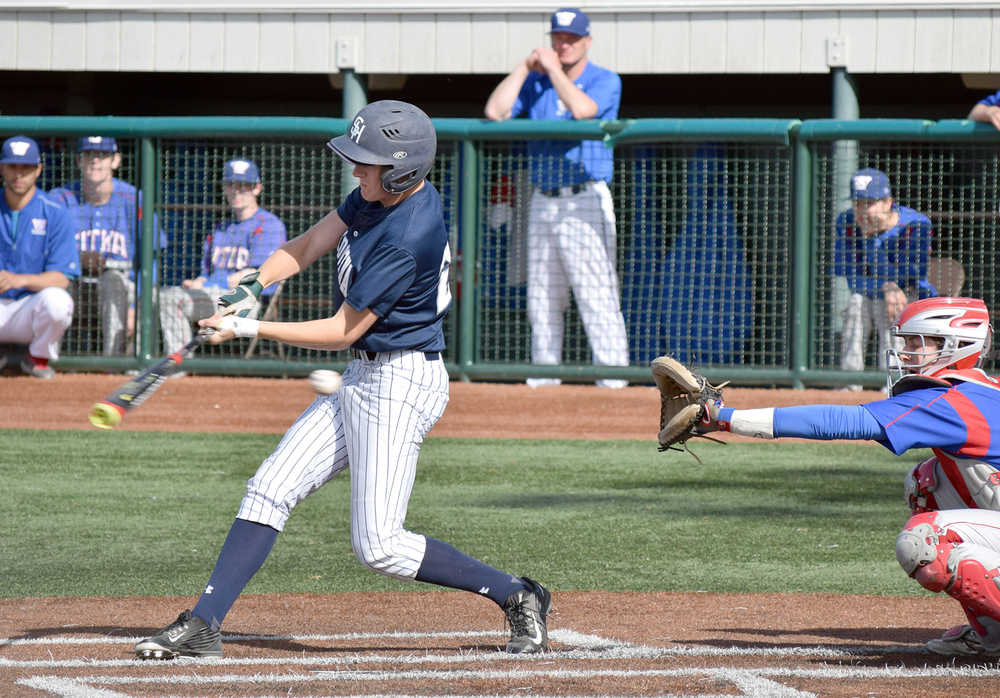 Photo by Joey Klecka/Peninsula Clarion Soldotna batter Cody Quelland takes a strike against Sitka pitcher Vaughn Blankenship in a state tournament quarterfinal Thursday at Mulcahy Field in Anchorage.