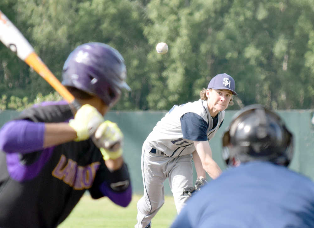 Photo by Joey Klecka/Peninsula Clarion Soldotna pitcher Matthew Daugherty offers up a pitch to a Lathrop batter Friday at the state baseball tournament at Mulcahy Field in Anchorage.