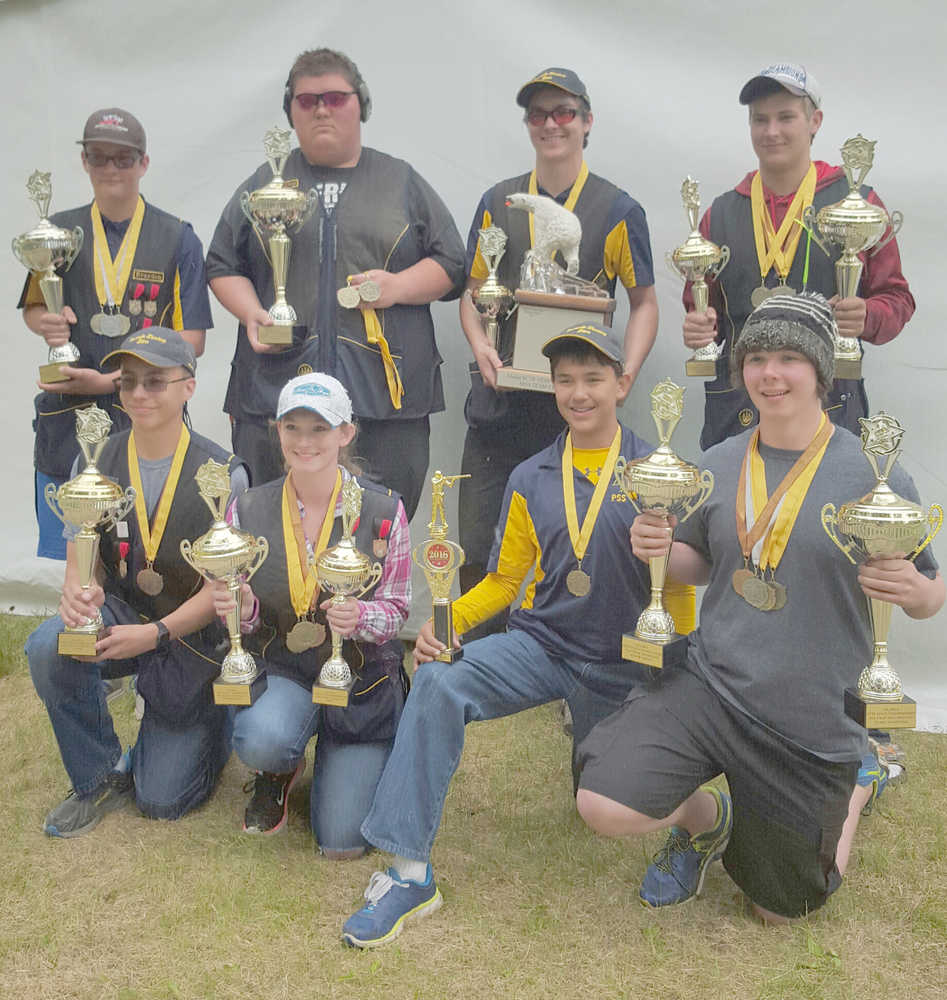 Photo provided by Peninsula Shooting Stars At top, Brayden Gagnon, Bradley Phelps, Bailey Horne and Nick Edwards, and at bottom, Bradley Walters, Emily Books, Lance Kramer and James Lott show off their hardware from the Alaska Scholastic Clay Target Program - Youth Education in Shooting Sports State Championship last weekend at Birchwood Shooting Park.