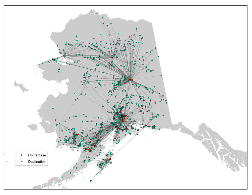 Tobias Schwörer, a researcher at the University of Alaska's Institute for Social and Economic Research, produced this map of floatplane bases and destinations for his study of how elodea, an invasive waterweed, could spread through the state. Floatplanes are a significant spreader of the weed, fragments of which can lodge in their rudders and floats.