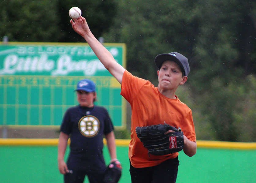 Ben Boettger/Peninsula Clarion Soldotna Little League player Jacob Belger throws a pitch during a practice game on Saturday, July 2 at the Soldotna Little League field in Soldotna.