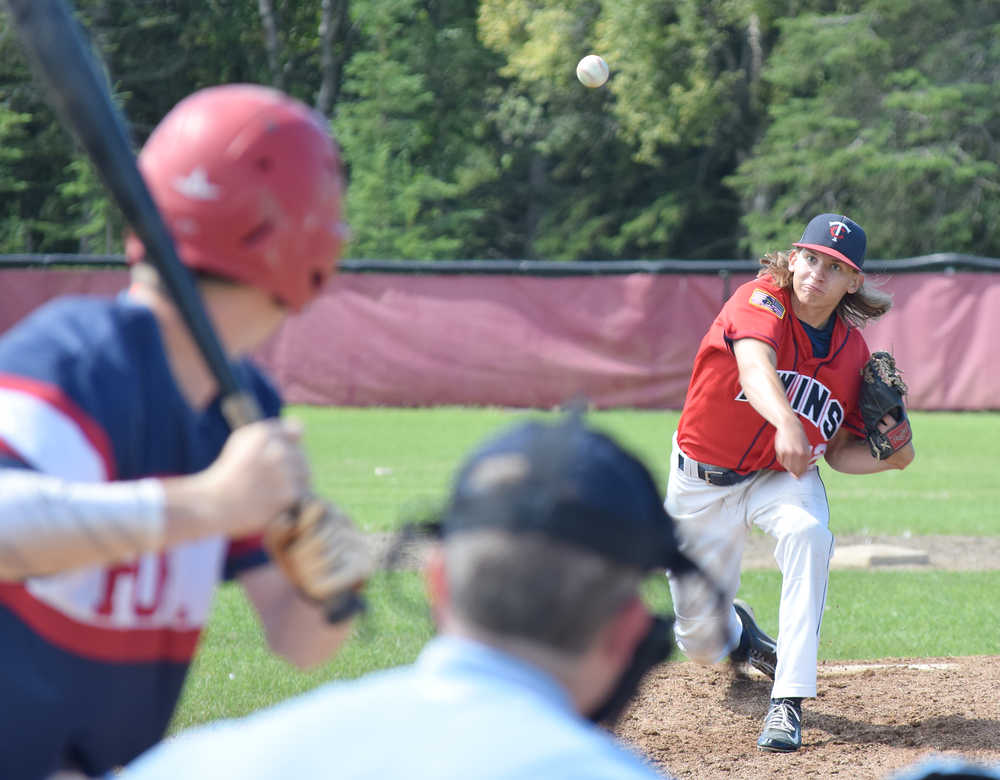 Photo by Joey Klecka/Peninsula Clarion American Legion Twins pitcher J.J. Sonnen delivers a pitch to a Tennessee Post 19 batter in Thursday's championship game of the Bill Miller Big Fish Wood Bat tournament at the Kenai LIttle League fields.