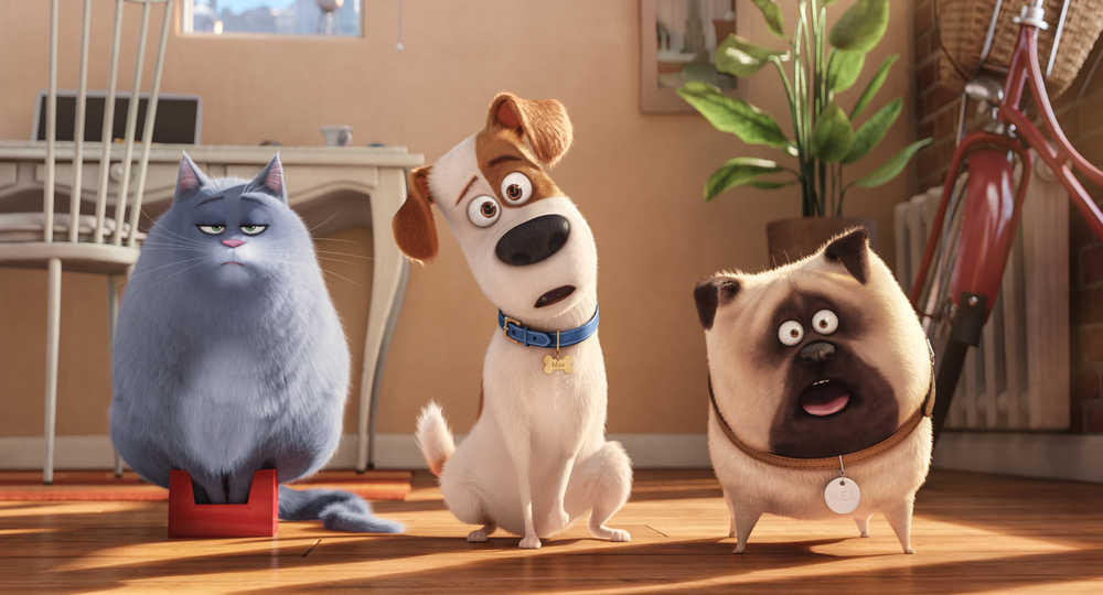 In this image released by Universal Pictures, Chloe, voiced by Lake Bell, from left, Max, voiced by Louis C.K., and Mel, voiced by Bobby Moynihan, appear in a scene from, "The Secret Lives of Pets." (Illumination Entertainment and Universal Pictures via AP)