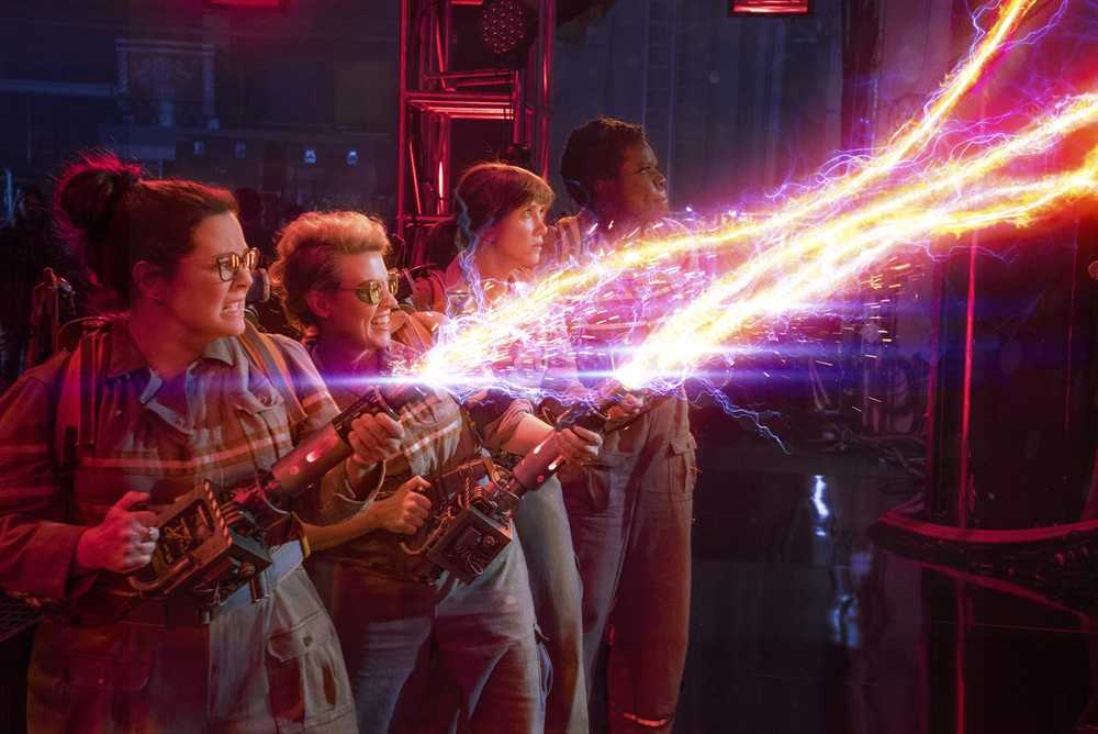 In this image released by Sony Pictures, from left, Melissa McCarthy, Kate McKinnon, Kristen Wiig and Leslie Jones appear in a scene from, "Ghostbusters." (Sony Pictures via AP)