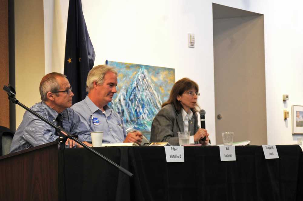 Photo by Elizabeth Earl/Peninsula Clarion Candidates for the U.S. Senate Edgar Blatchford (left), Bob Lochner (center) and Margaret Stock (right) speak to the joint Kenai and Soldotna chambers of commerce at a luncheon held Wednesday, July 20, 2016 at the Kenai Visitor's and Cultural Center in Kenai, Alaska.