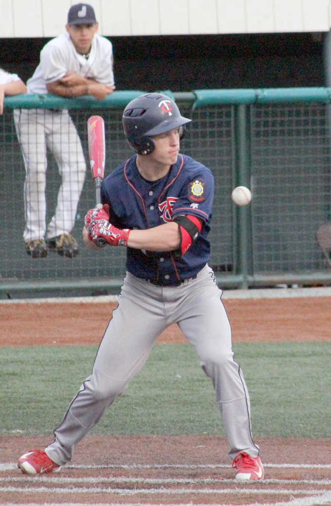 Photo by Joey Klecka/Peninsula Clarion Twins center fielder Paul Steffensen takes a pitch Friday against Juneau at the American Legion Alaska State Tournament at Mulcahy Stadium in Anchorage. Steffensen was named MVP of the tournament.