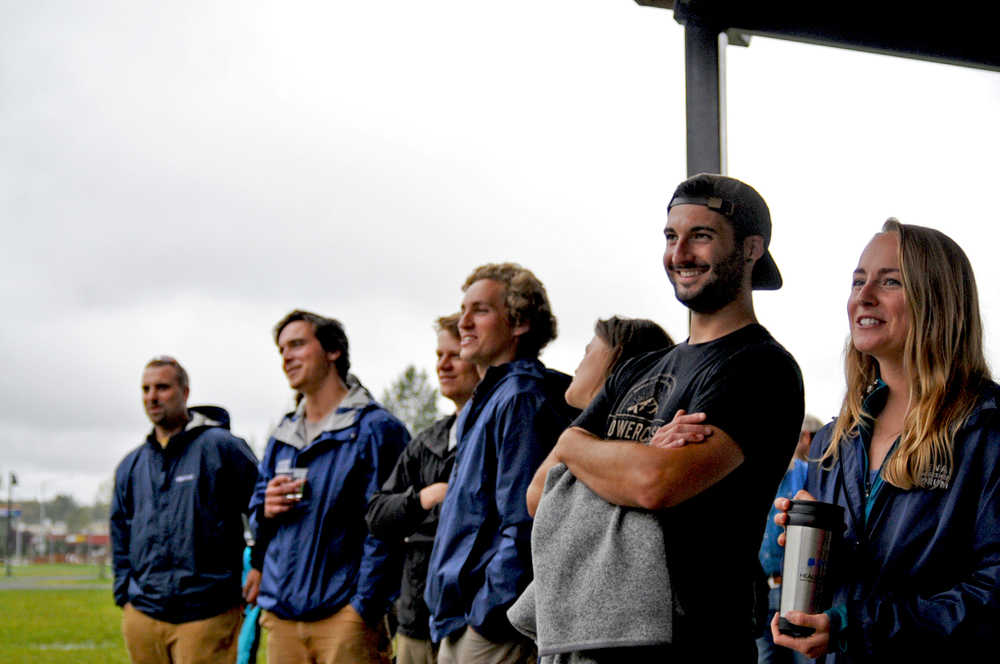 Photo by Elizabeth Earl/Peninsula Clarion Staff and interns at the Kenai Watershed Forum join in a call and response song with Education Specialist Dan Pascucci during a farewell party for Pascucci on Friday, Aug. 5. 2016 at Soldotna Creek Park in Soldotna, Alaska. After 10 years, Pascucci will leave the local conservation organization to take a job in Kentucky.