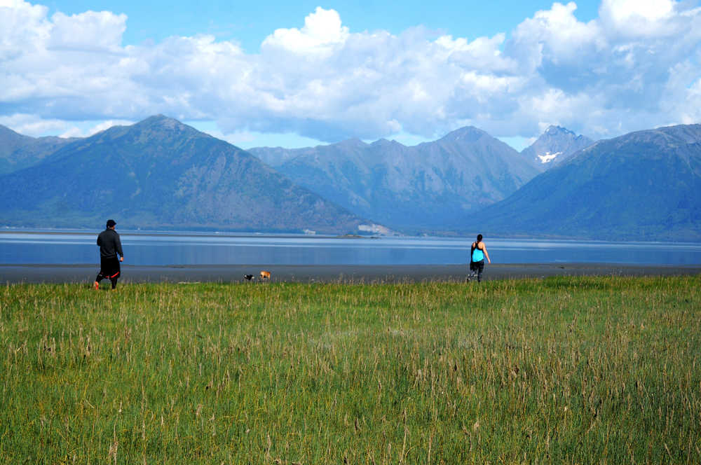 Photo by Elizabeth Earl/Peninsula Clarion Two visitors walk their dogs across the Chickaloon Flats on Sunday, Aug. 28, 2016 in Hope, Alaska. The small town on the northern edge of the Kenai Peninsula, nearly directly across the Turnagain Arm of Cook Inlet from Anchorage, attracts visitors for its historical district and its recreational opportunities, including hiking and biking trails and the chance to pan for gold in nearby Resurrection Creek.