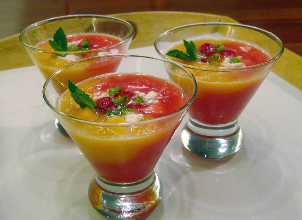 This Aug. 22, 2016 photo shows cantaloupe and watermelon gazpacho in New York. This dish is from a recipe by Sara Moulton. (Sara Moulton via AP)