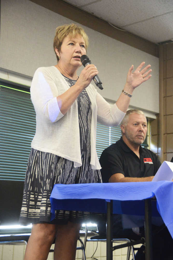 Photo by Megan Pacer/Peninsula Clarion Soldotna Charter Commission member Linda Murphy speaks to a small crowd about the commission's proposed home-rule charter during a Soldotna Chamber of Commerce luncheon Tuesday, Aug. 30, 2016 at the Soldotna Regional Sports Complex in Soldotna, Alaska.