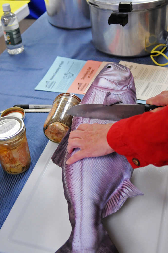 Photo by Elizabeth Earl/Peninsula Clarion Kenai Cooperative Extension Service 4-H and Youth Development and Health, Home & Family Agent Linda Tannehill demonstrates how to prepare a salmon for canning Wednesday, Aug. 31, 2016 in Soldotna, Alaska. The Cooperative Extension Service offers instruction on how to can fish at its office and in community classes.